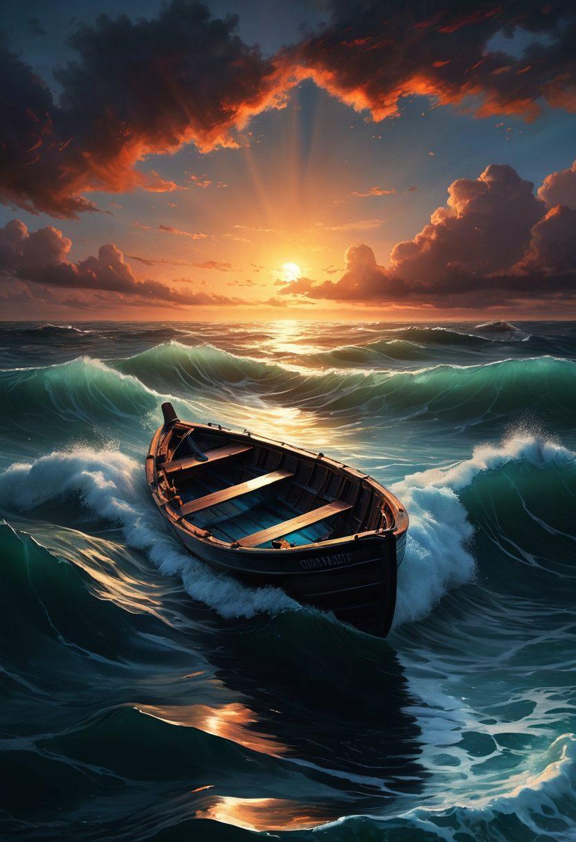 A deep, swirling ocean representing sorrow, with a small, glowing boat symbolizing creativity sailing through the waves. The boat is illuminated by vibrant colors that contrast against the dark waters, signifying hope amidst sadness. Ethereal representations of emotions like joy and pain emerge from the depths, creating an engaging visual narrative. super-realistic. vibrant colors. dynamic composition.