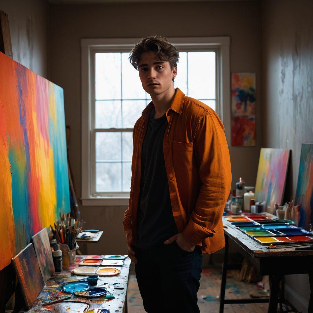 A poignant portrait of an artist, Johnny, standing in a dimly lit studio, surrounded by canvas paintings that transition from dark, melancholic tones to vibrant, uplifting colors, symbolizing his artistic journey. Shadows play across his face, reflecting sorrow while his hands are painted in bright hues as he touches a canvas. Include art supplies scattered around and a window letting in soft, natural light that hints of hope. super-realistic. vivid colors. moody atmosphere.