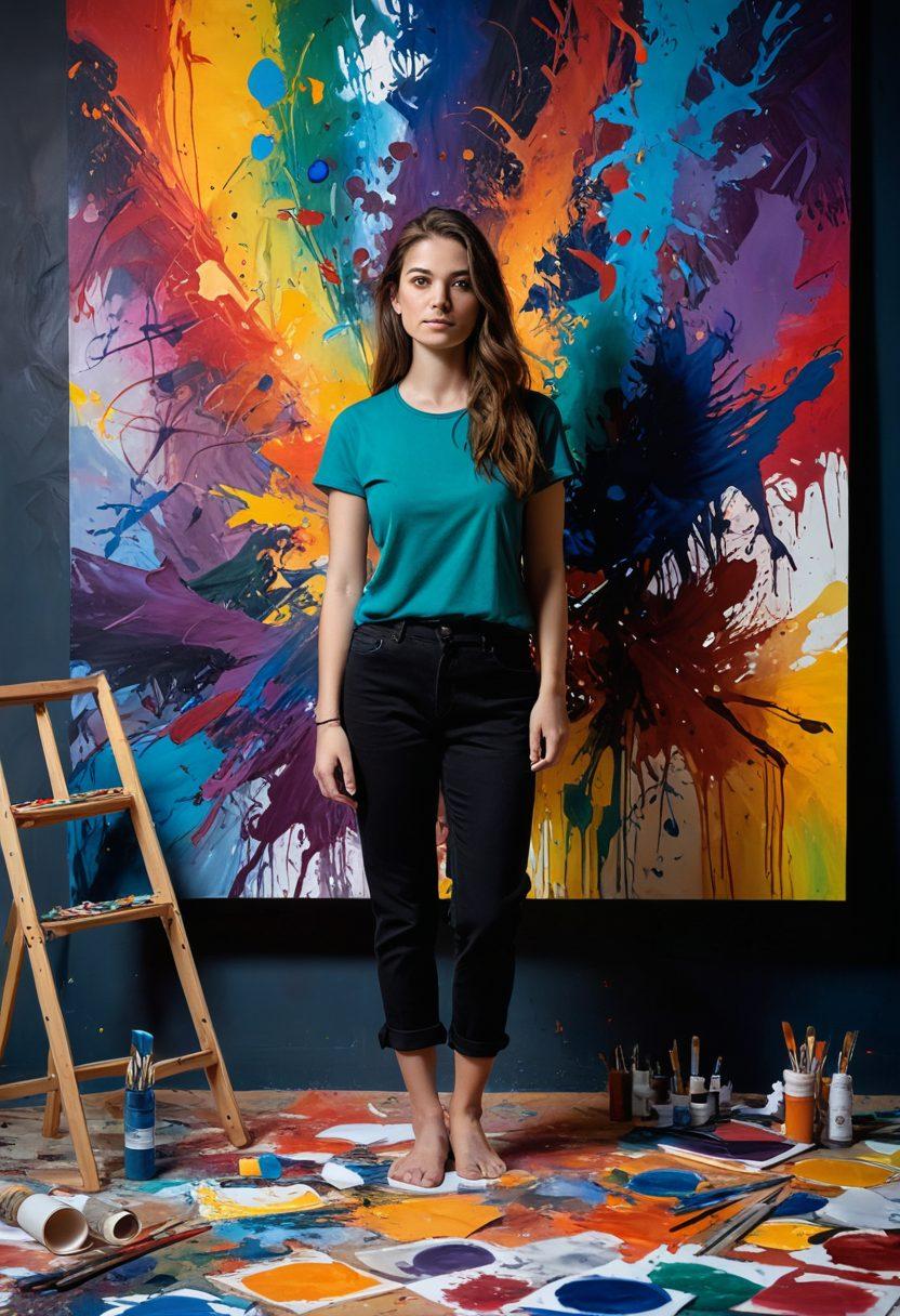 A heartwarming scene of a young artist passionately painting on a large canvas, with vibrant colors swirling around, symbolizing emotional expression. The background features abstract representations of pain, like dark shadows and jagged shapes, merging into bright and flowing visuals of passion and joy. In the foreground, delicate paintbrushes and colorful paint tubes scattered around, reflecting creativity. Soft, warm lighting envelops the scene to evoke a sense of healing and transformation. super-realistic. vibrant colors. soft lighting.